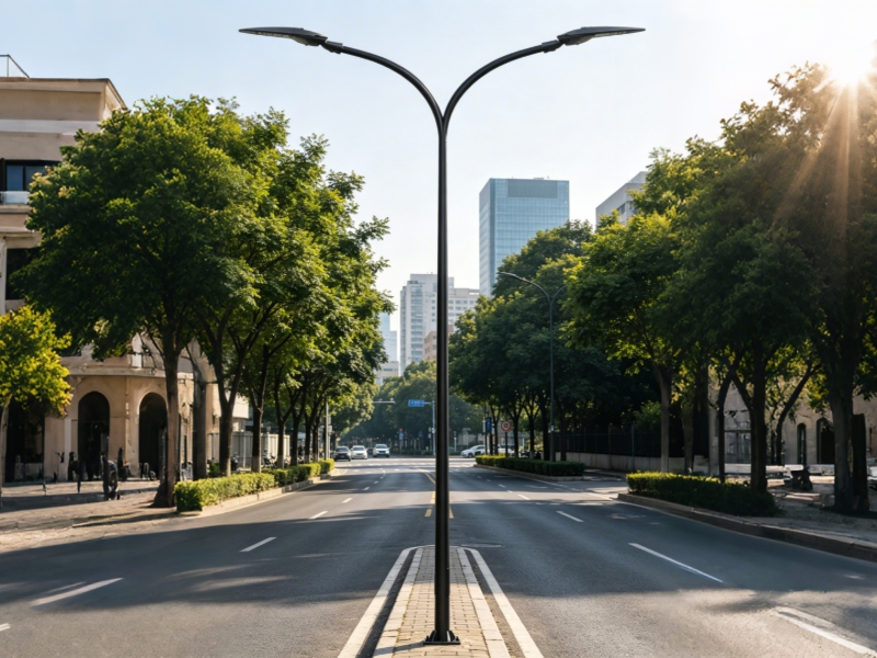 Double arm lighting pole for road